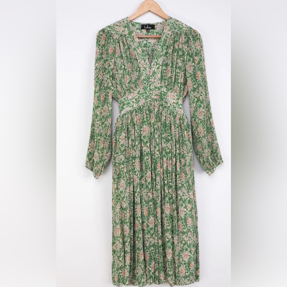 Garden Dancer Green Floral Print Pleated Long Sleeve Midi Dress